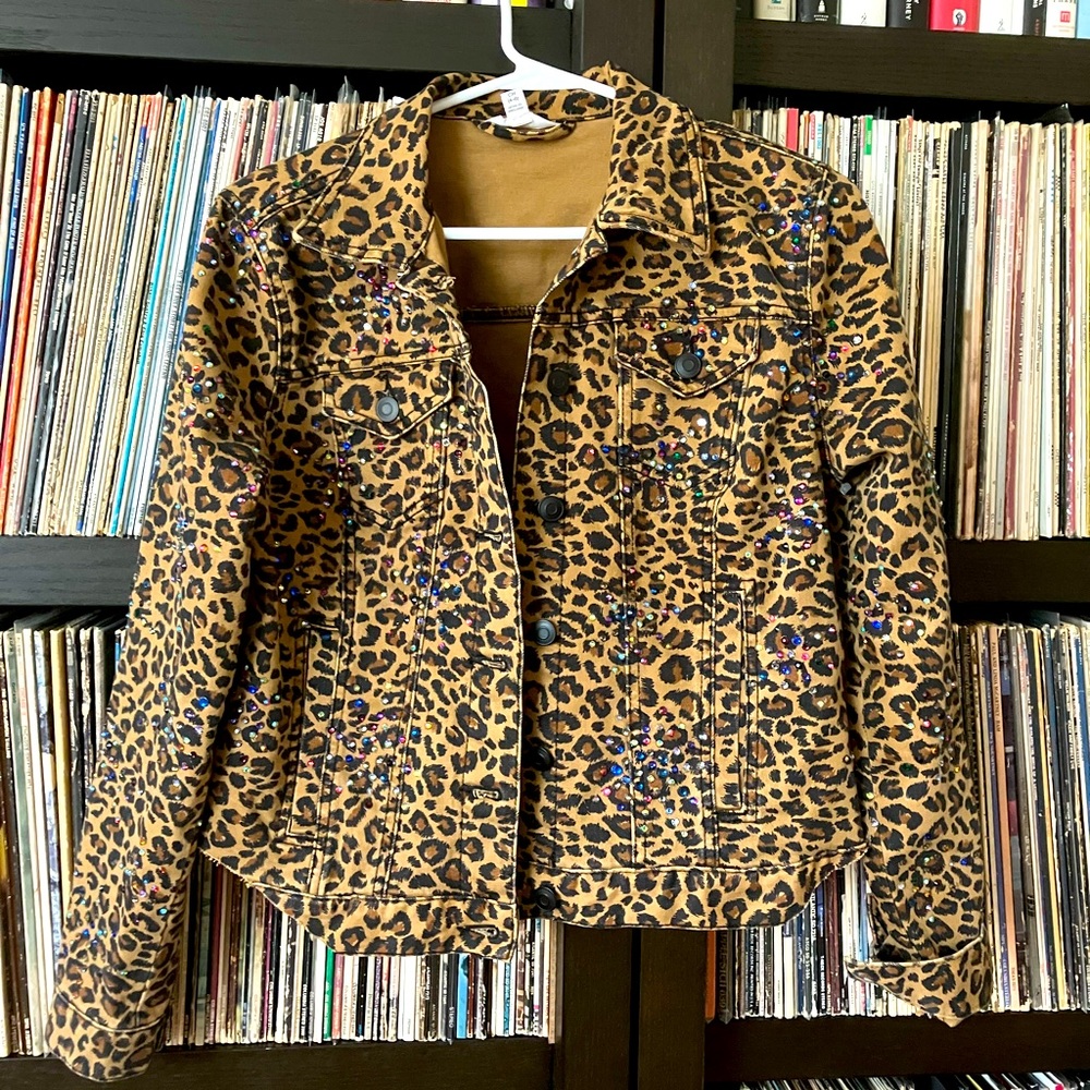 Leopard Cheetah Print Denim Jacket Rhinestoned